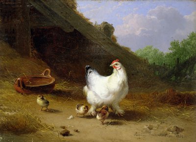 A hen with her chicks by Eugene Joseph Verboeckhoven